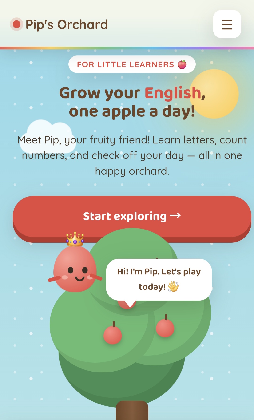 Головний екран сайту Pip's Orchard